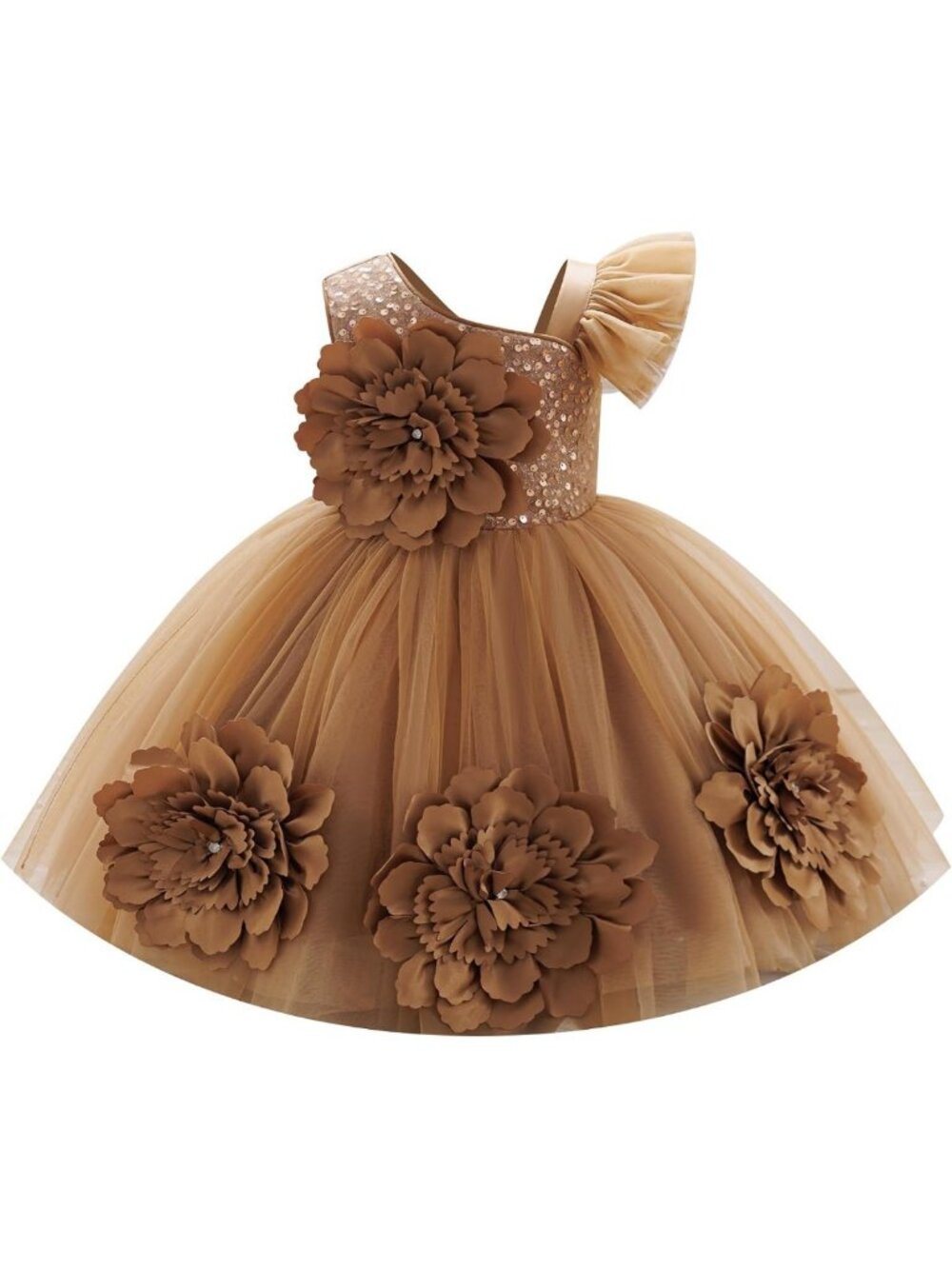 Sparkly Flower Girl Dress with 3D Flowers & Asymmetric Shoulder - Toddler Tutu